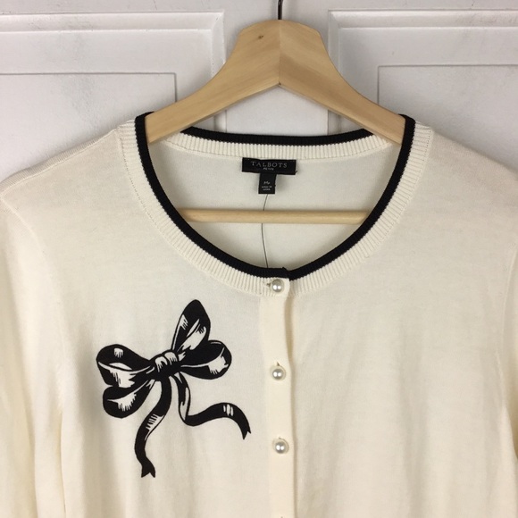 Talbots Cardigan Sweater Bow Pearl Buttons Black Trim NWT - Picture 3 of 6